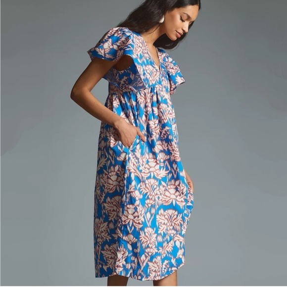 Anthropologie Maeve Blue Floral Print Babydoll Flutter Sleeve Dress Size Large - Picture 1 of 10